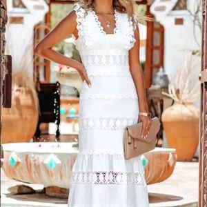 SACHA COTTON LINEN CROCHET TIERED MIDI DRESS - WHITE